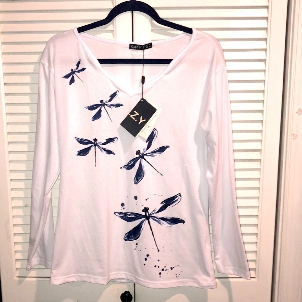 Cozy White long sleeve Navy blue Dragonfly Blouse New Size 4